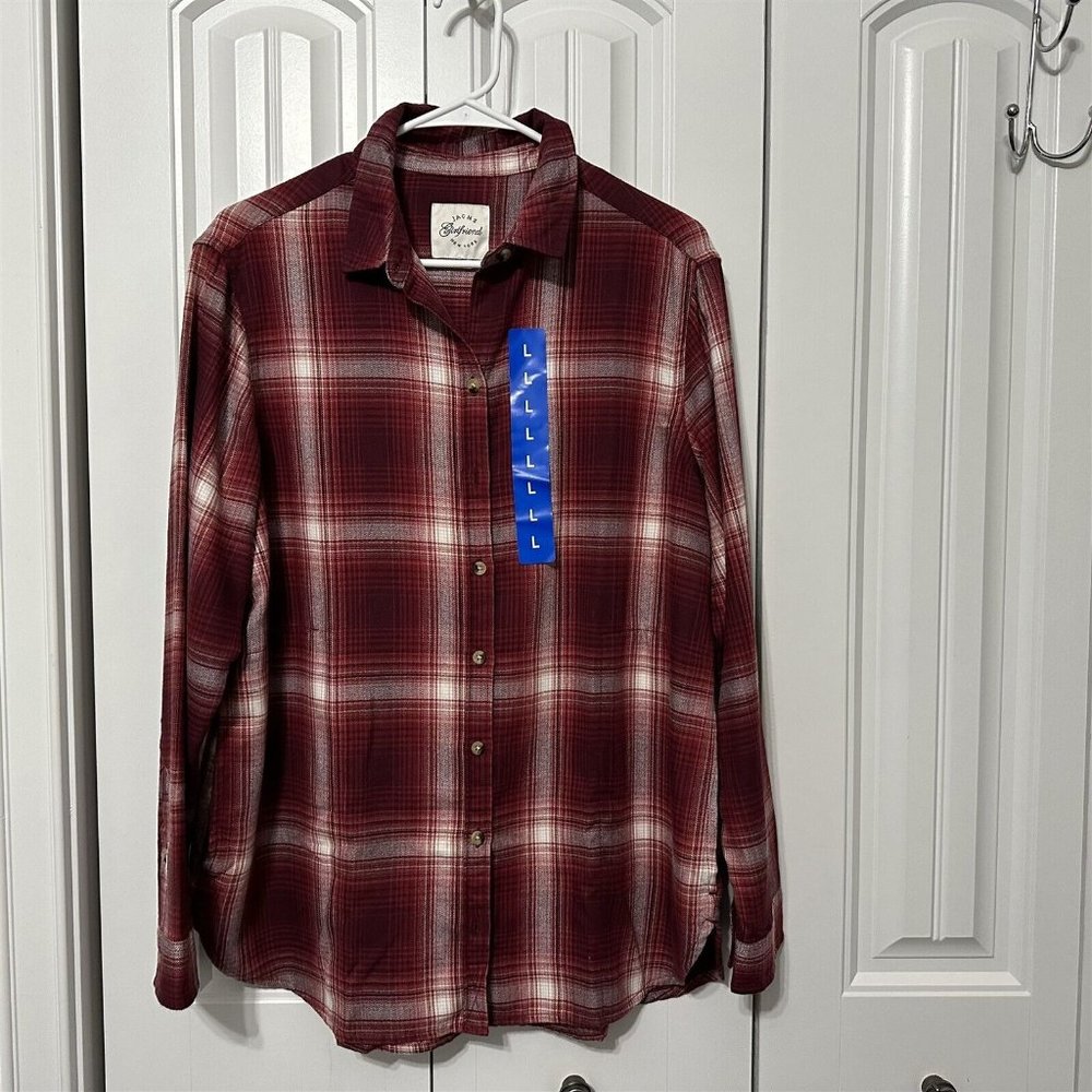 Jachs Girlfriend Button Up Red Plaid Flannel Shirt Womens Large Side Pocket NEW